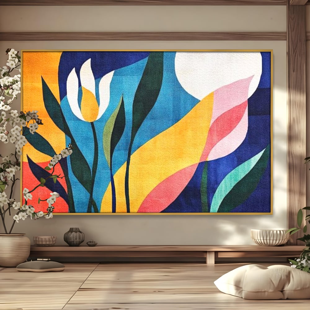 Tablou canvas cu tablou canvas cu flori abstracte, in rama de aluminiu auriu